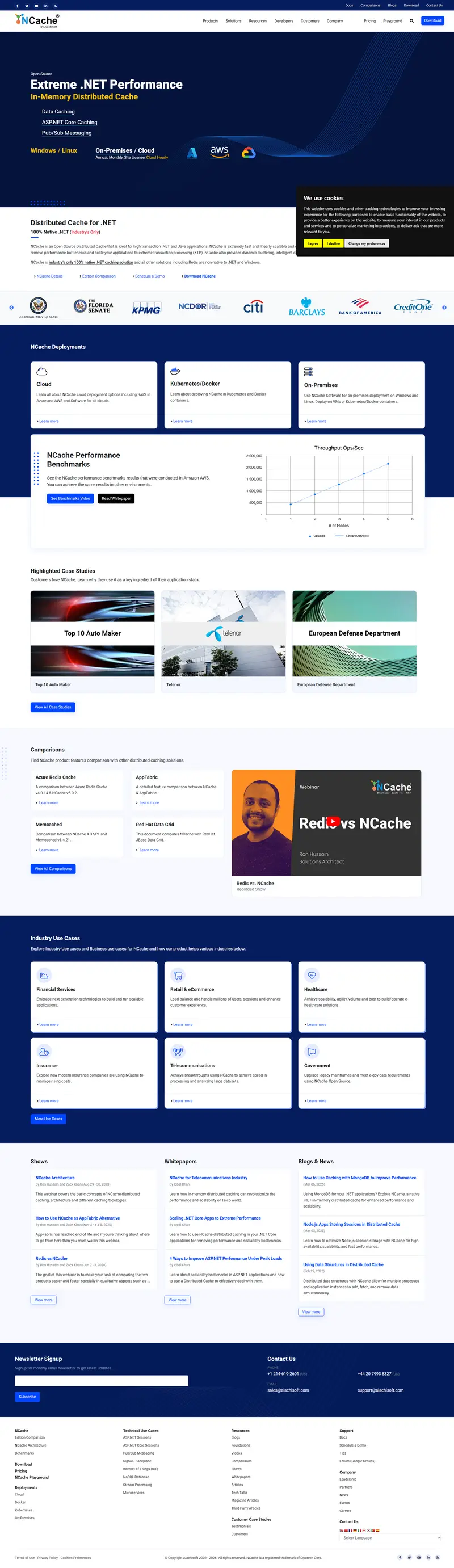 Distributed Cache for .NET and Java - NCache — SaaS website design screenshot