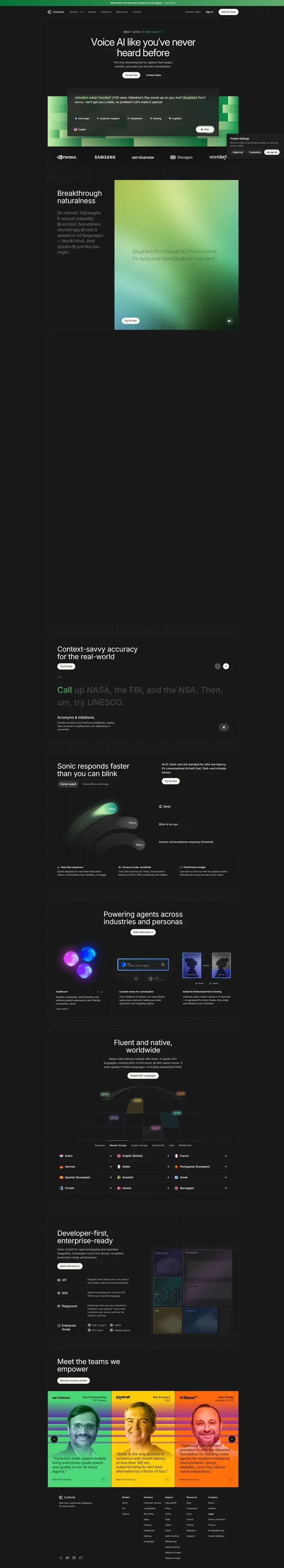 Real-time TTS API with AI laughter and emotion | Cartesia Sonic-3 — SaaS website design screenshot