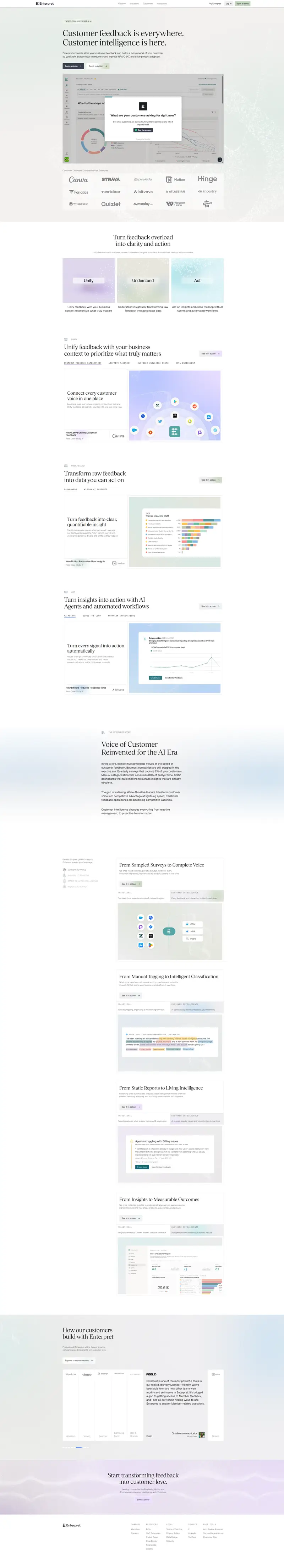 Enterpret - AI Voice of Customer Software | Product & CX — SaaS website design screenshot