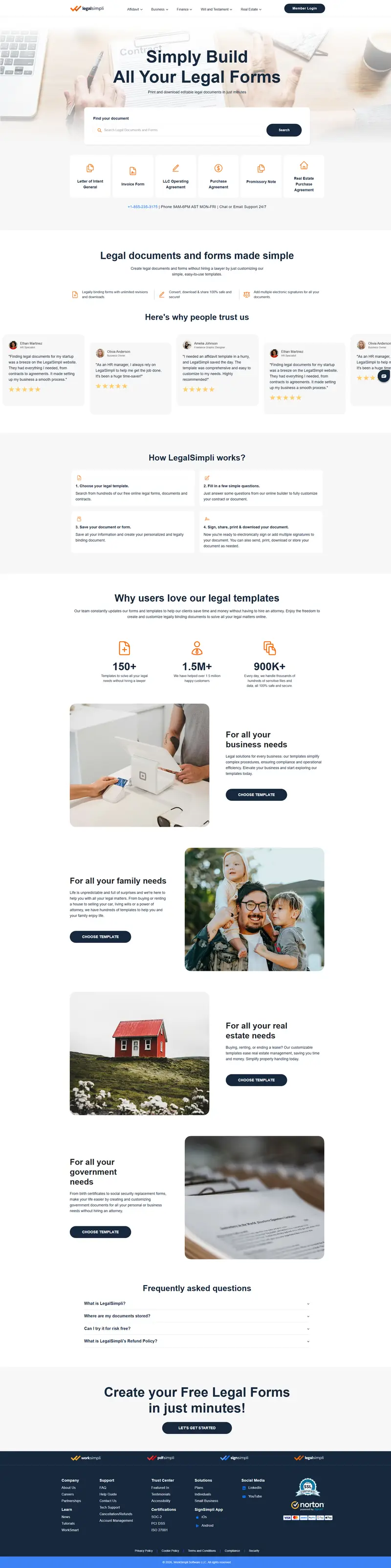 LegalSimpli | Free Editable Legal Templates for Contracts, Agreements & More — SaaS website design screenshot