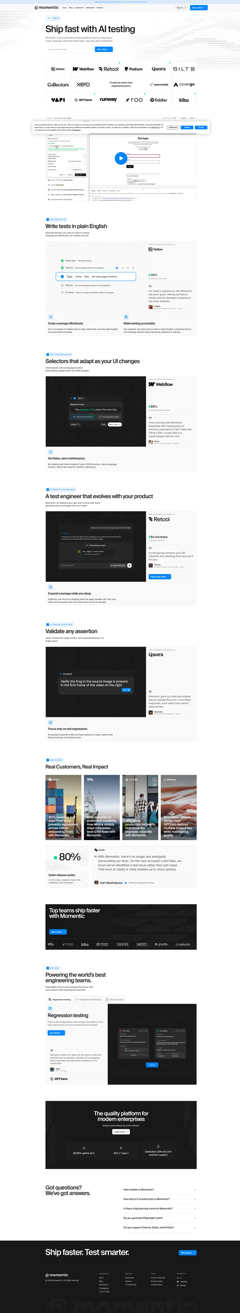 AI-Powered Testing Tool for Web & Mobile | Momentic — SaaS website design screenshot
