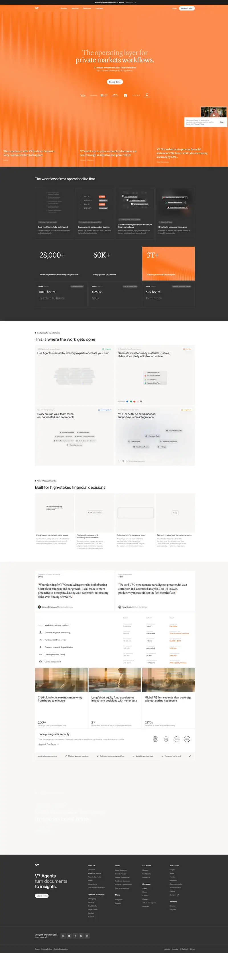 V7 Go | AI Agent Platform for Finance, Legal & Insurance — SaaS website design screenshot