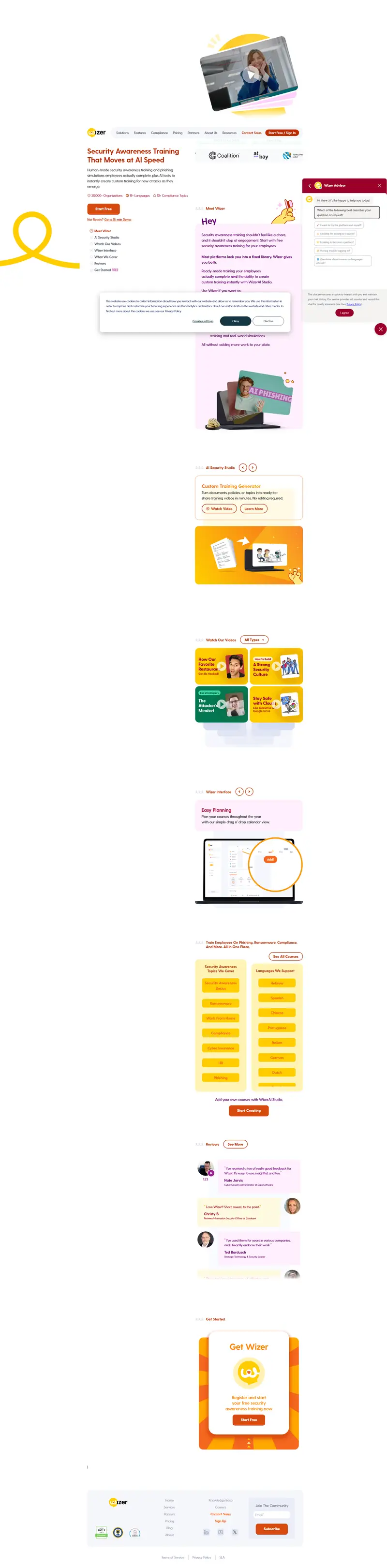 Free Security Awareness Training & Phishing Simulation | Wizer — SaaS website design screenshot