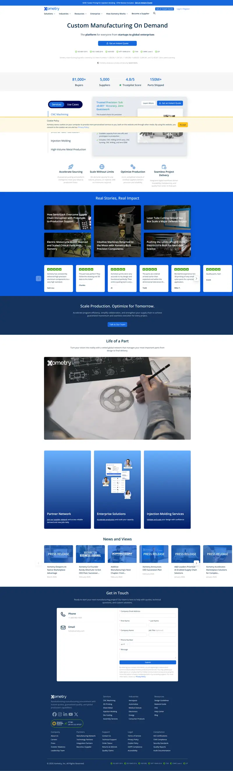Custom Manufacturing on Demand | Production Parts and Prototypes | Xometry — End Business website design screenshot